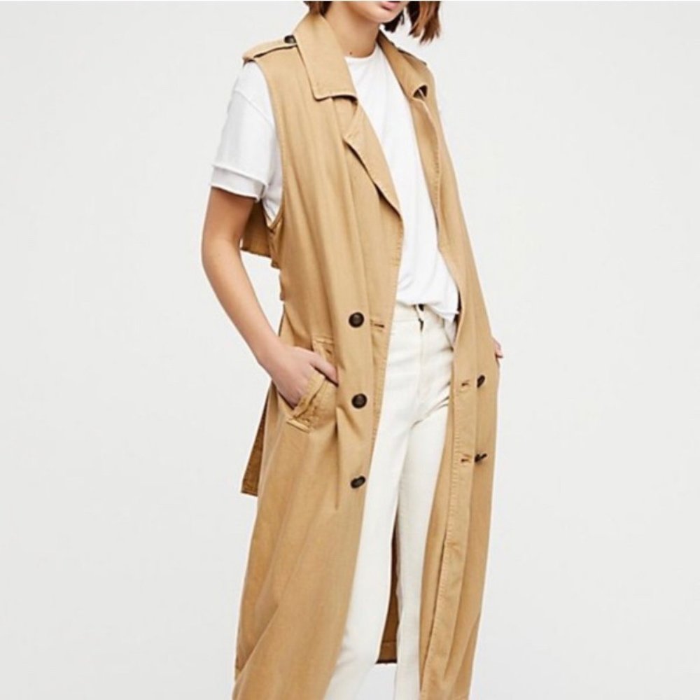 Free People Oversize Khaki Double Breasted Trench Vest S